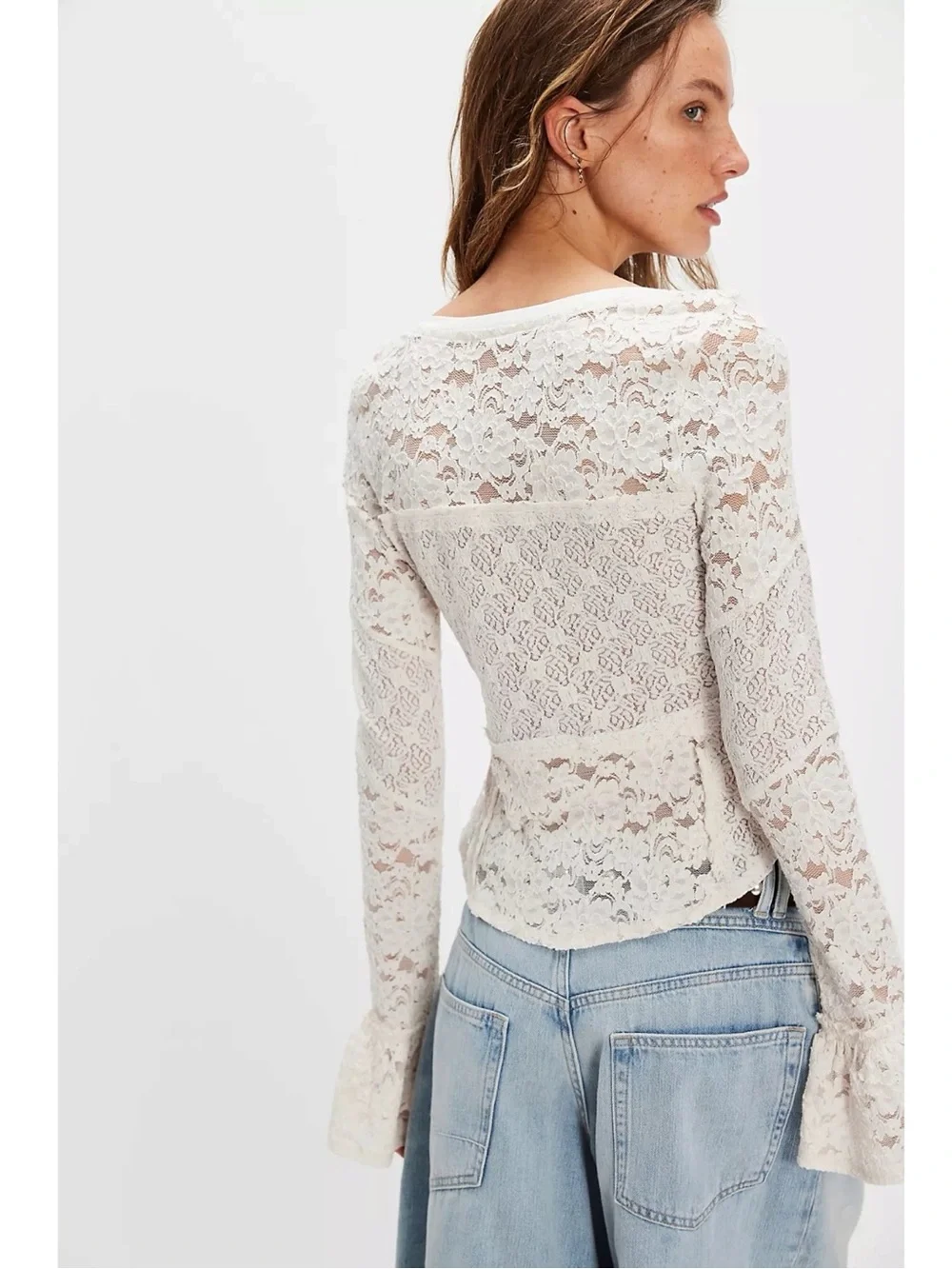 Free People Ethereal Edwardian Sheer Lace Flared Long Sleeve Top Ivory Large NWT